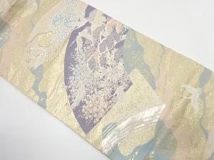 アンティーク　地紙に鶴・松・橋模様織り出し袋帯（材料）